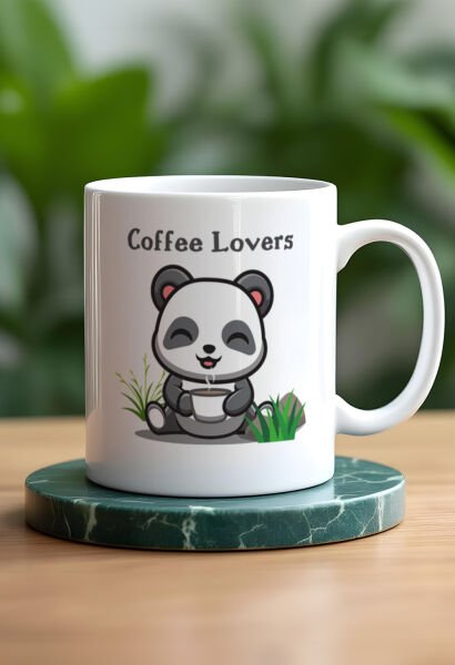 Coffe Lowers Yazılı Panda Figürlü Beyaz Kupa